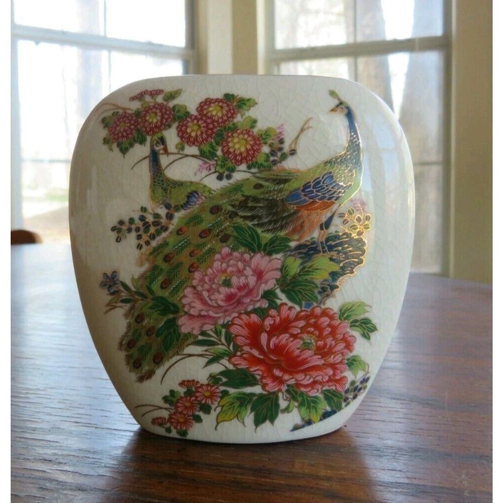 Vintage Satsuma Style Peacock Floral Vase Japan Gold Trim Small Oval 4.25"